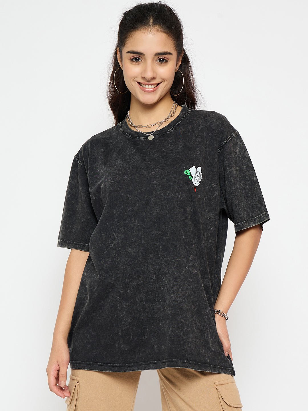 Skidlers Floral Printed Round Neck Pure Cotton Semi-oversized T-shirt