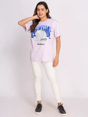 Skidlers Women Typography Printed Round Neck Cotton oversized T-shirt