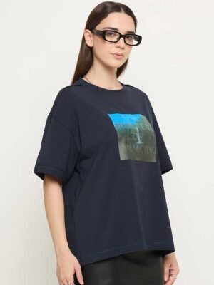 Graphic Printed Drop Shoulder Sleeves Cotton T-Shirt – Timeless Navy