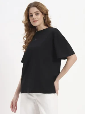 Women Solid Round Neck Cotton Blend Black T-Shirt