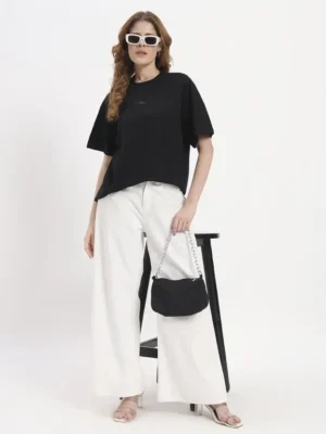 Women Solid Round Neck Cotton Blend Black T-Shirt